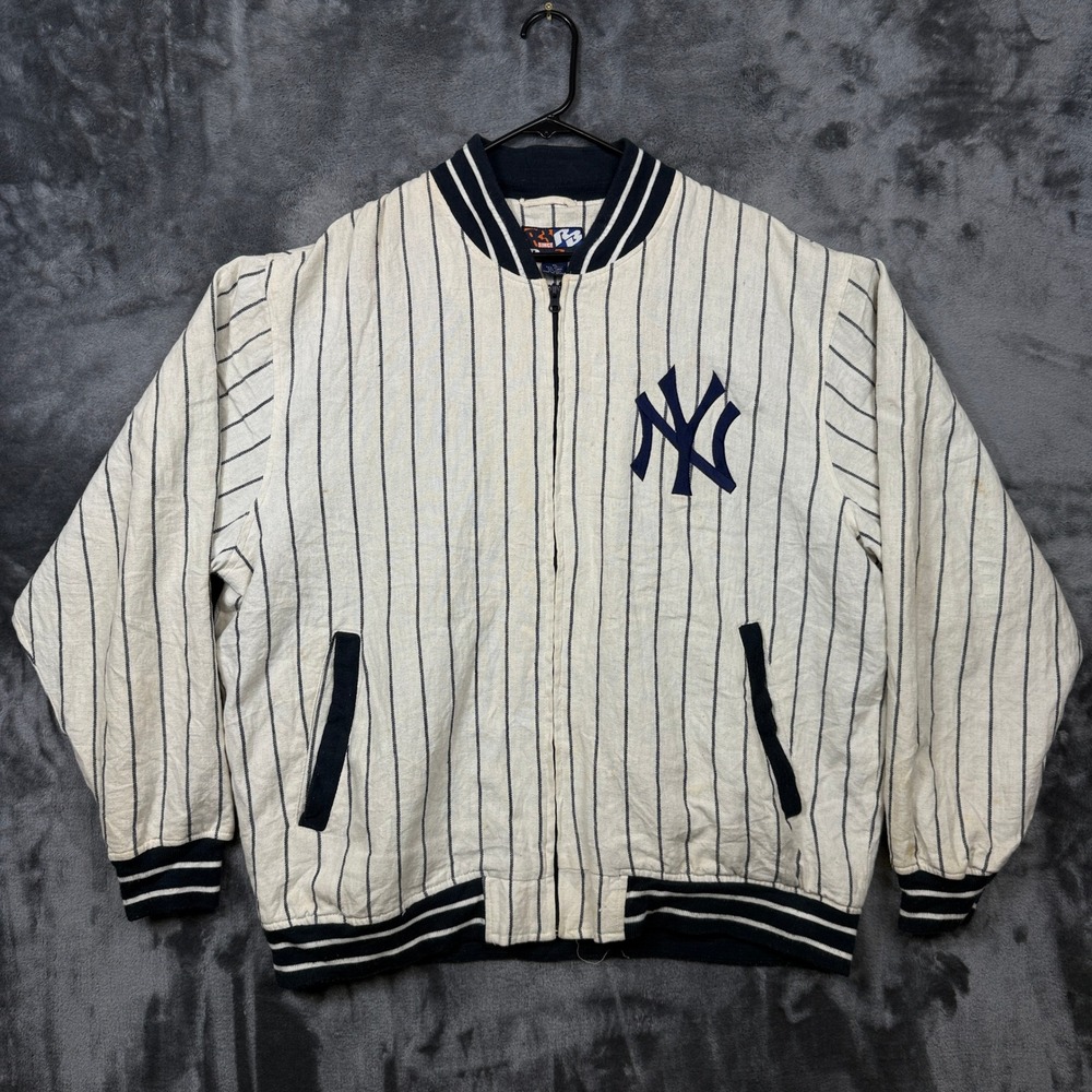 Raw Blue Bomber Jacket Mens XL White Good Pinstripe Yankees Linen Blend Zip